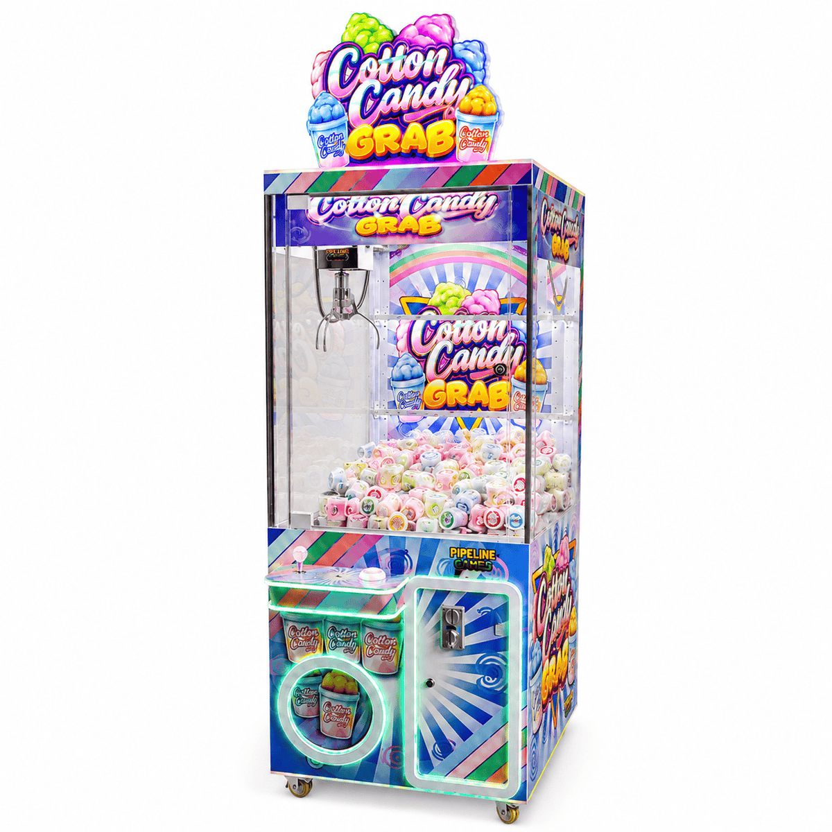 Cotton Candy Grab Crane Machine front-right view with illuminated green trim