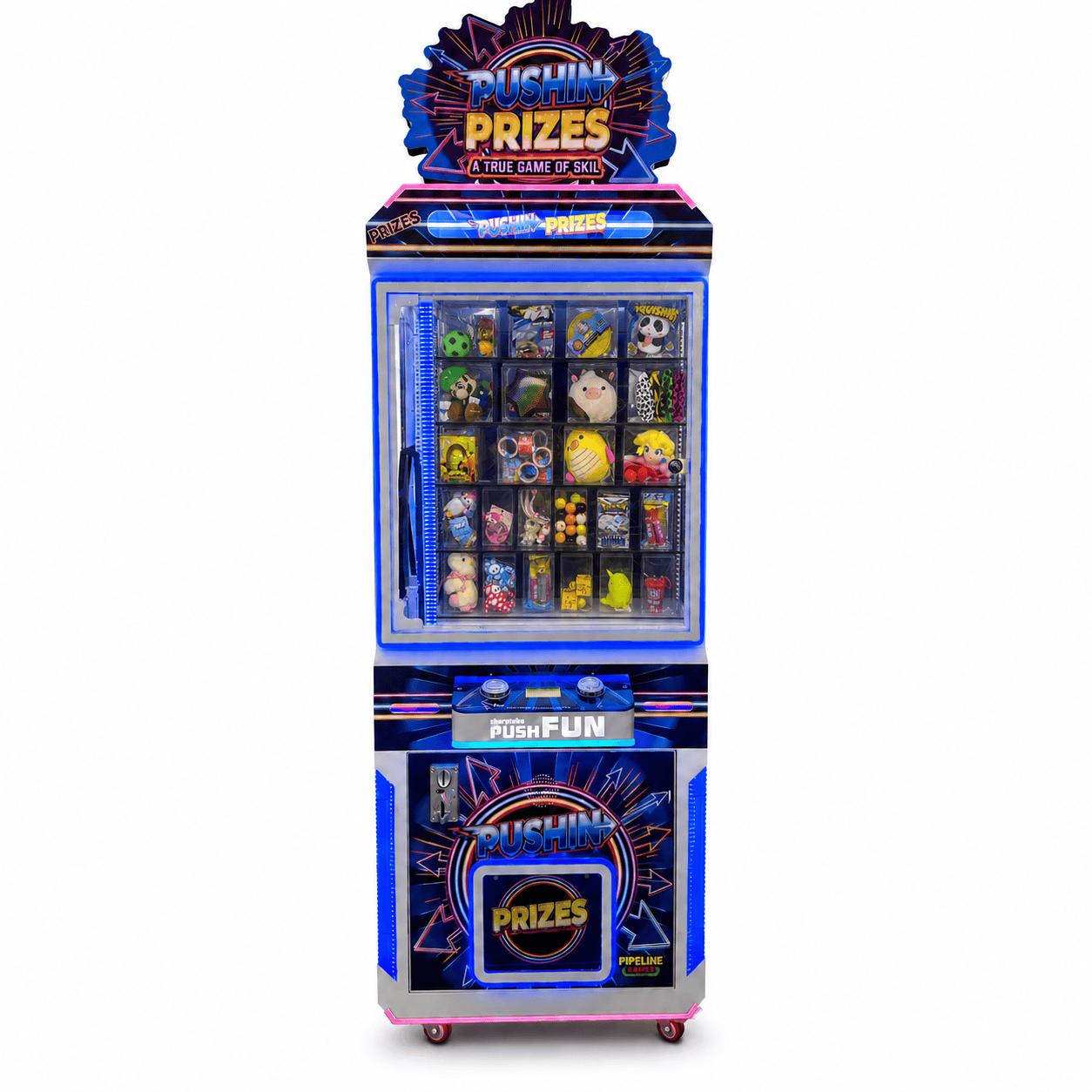 Pushin’ Prizes skill game machine filled with prizes